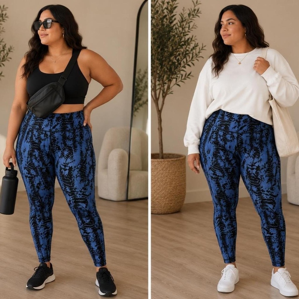 Athletic Blue Black Abstract High Rise Leggings 2X Active Athleisure Pilates
